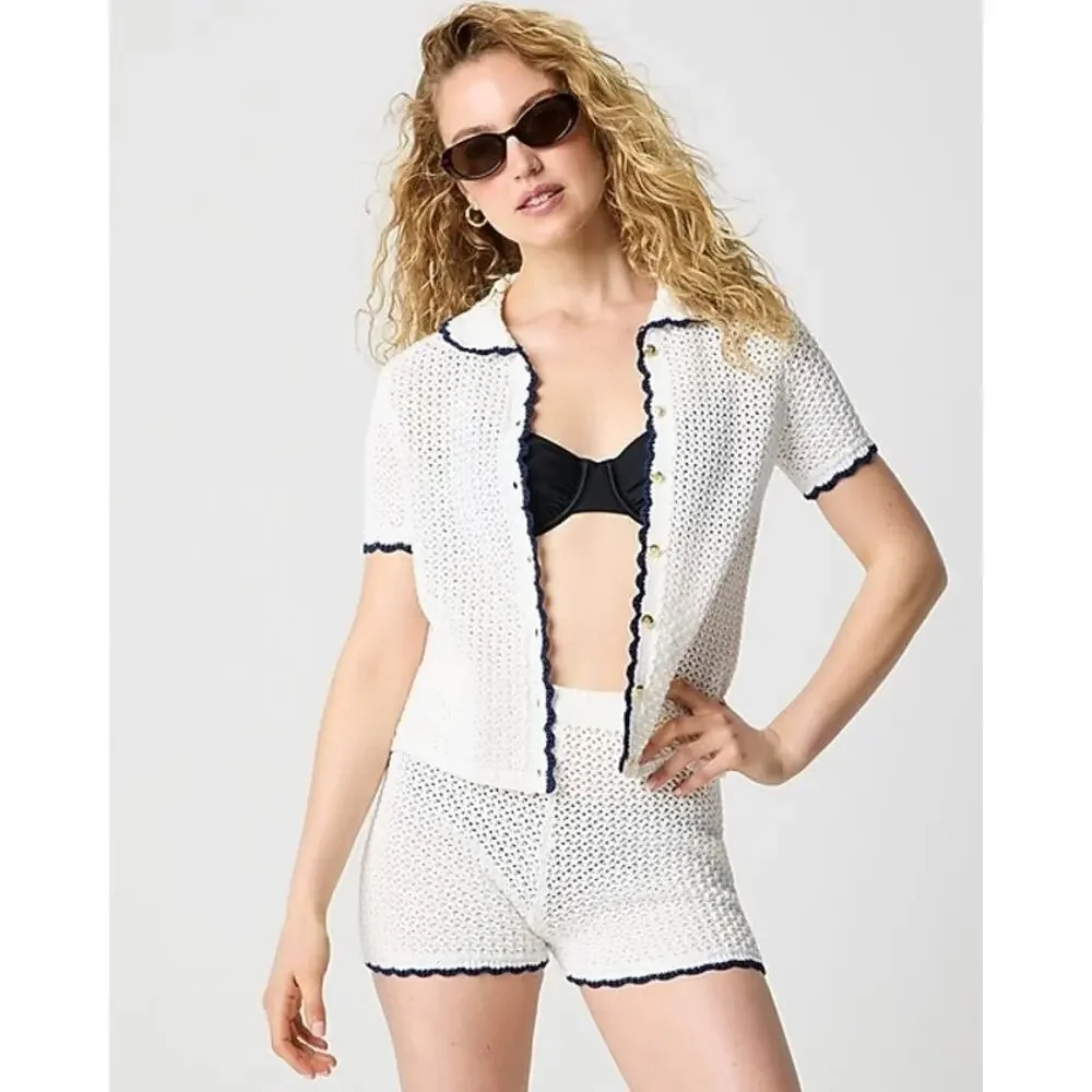 J. Crew Short-Sleeve Crochet Cardigan Sweater Ivory Ant Navy Crochet Size XS NWT